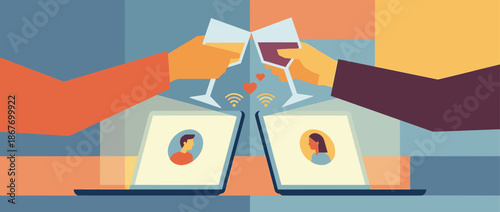 Two hands holding wine glasses make a celebratory toast over laptops during a virtual date, symbolizing a modern long-distance relationship and online romance with heart icons
