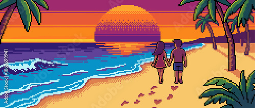 Pixel art of a romantic couple walking hand in hand on a tropical beach, leaving heart-shaped footprints in the sand as they watch a beautiful sunset over the calm sea