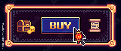 Pixel art video game buy button in a fantasy RPG user interface, with a gem cursor, treasure chest, and scroll icons inside a glowing golden frame