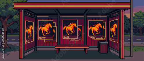 Pixel art bus stop shelter with posters of a fiery horse is depicted in a retro 8-bit video game style, set on a quiet roadside during a peaceful evening twilight