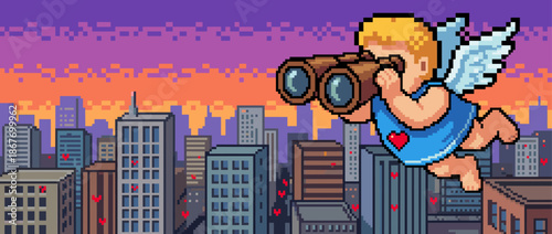 Pixel art cupid with wings and a heart on his chest looks through binoculars while flying over a city skyline at sunset in a retro video game style