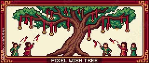 Large pixel art wish tree decorated with red ribbons and gold charms for a traditional cultural festival where people make wishes for good fortune and luck