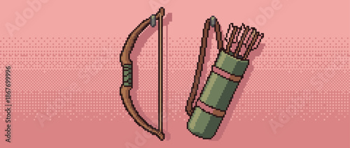 Pixel art wooden bow and quiver full of arrows are rendered in a classic 8-bit video game style, representing a fantasy weapon set for adventure or hunting