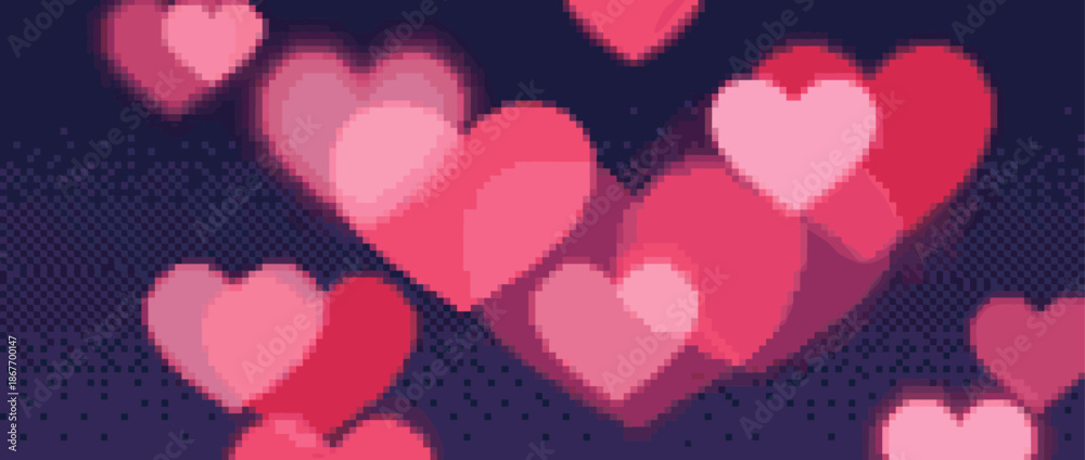 Obraz premium Pixelated illustration of floating pink hearts in a romantic, retro 8-bit video game style, creating a lovely and nostalgic digital graphic for Valentine's Day or a celebration