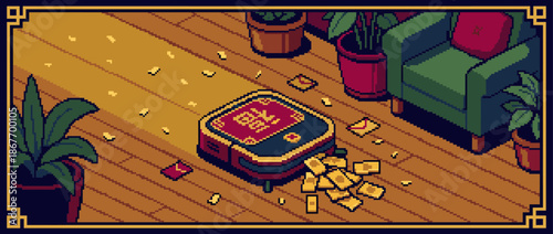 Red Asian-style robotic vacuum cleaner with a good luck symbol cleans a messy wooden floor in a cozy living room, depicted in a charming isometric pixel art style