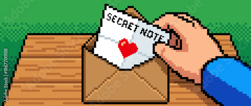 Secret note with a red heart is being removed from an envelope by a hand in a retro 8-bit pixel art style, evoking a nostalgic video game quest