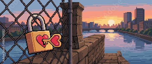 Golden heart-shaped padlock and red key locked onto a chain-link fence with a view of a city skyline and river during a warm sunset in a retro pixel art style