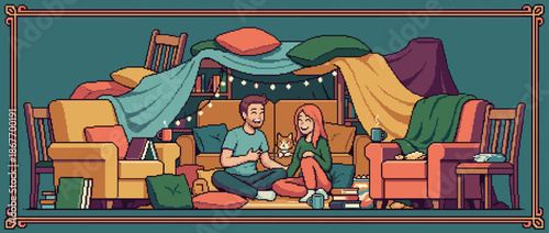 Happy pixel art couple with their cat sits inside a cozy blanket fort at home, surrounded by pillows, books, and warm string lights for a romantic evening