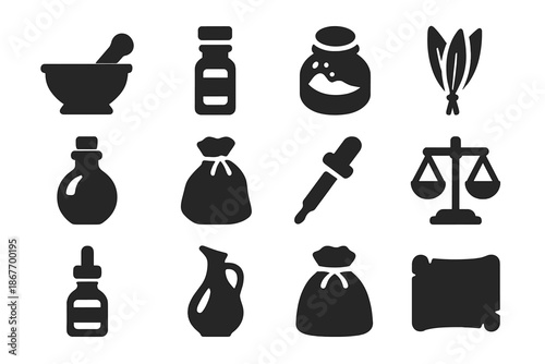 Apothecary Remedies Icons. Solid style icons of Apothecary Remedies: Mortar and Pestle, Glass Vial, Powder Jar, Herb Bundle,