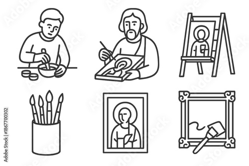 Workshop Icons. Line style icons of Workshop Practices: apprentice mixing pigments, master icon painter, panel drying rack, brush