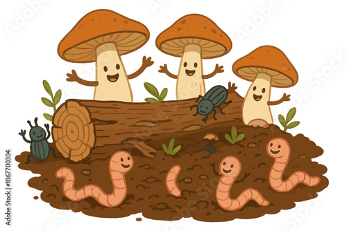 Mushrooms' Joyful Decomposition. Decomposition scene with cheerful mushrooms breaking down logs, happy beetles, and worms dancing