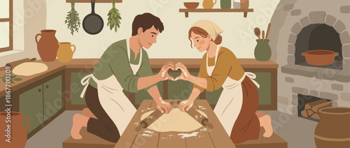Romantic man and woman in aprons roll out dough together, joining their floured hands to form a heart shape in a warm, rustic kitchen with a traditional stone oven