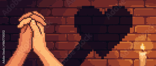 Pixel art hands clasped together casting a romantic heart-shaped shadow on a brick wall, illuminated by the warm, gentle glow of a single candle in a nostalgic 8-bit style