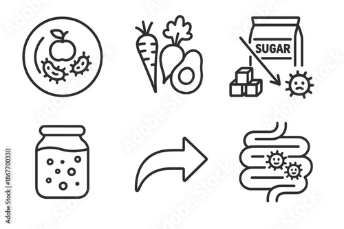 Dietary Impact Icons. Line style icons of Dietary Impact on Microbiome: food plate with microbe icons, fiber-rich foods, sugar