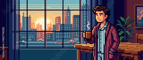 Pixel art man in pajamas holding a steaming mug of coffee enjoys a quiet morning moment while looking out a large window at a beautiful city sunrise