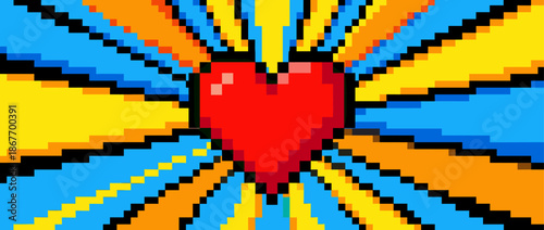 Red pixel art heart symbol radiates vibrant energy with blue, yellow, and orange beams in a retro 8-bit video game style illustration full of nostalgic charm
