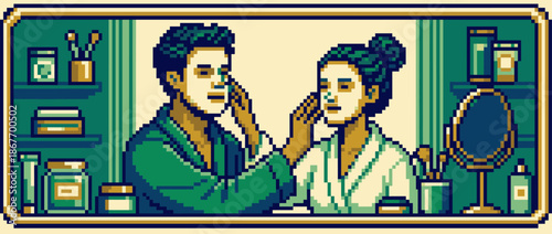 Pixel art couple in green bathrobes applying cosmetic face masks to each other as part of a relaxing skincare routine in a charming 8-bit video game aesthetic