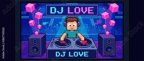 Pixel art DJ character with headphones plays electronic music on a turntable deck with a heart on the vinyl record in a vibrant, retro 8-bit video game scene with speakers