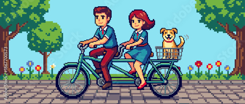 Pixel art illustration of a happy couple riding a tandem bicycle with their cute dog in a basket through a sunny park in a retro 8-bit video game style