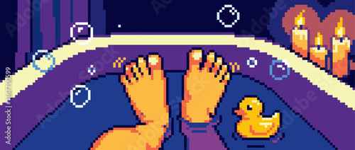 Pixel art illustration of feet relaxing in a cozy bathtub with a rubber duck, bubbles, and warm candlelight creating a peaceful and nostalgic atmosphere