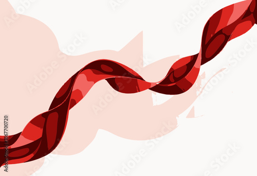 Dynamic Red Ribbon Twisting Against a Soft White and Peach Background Creating a Sense of Motion and Elegance with Underlying Waves and Curves