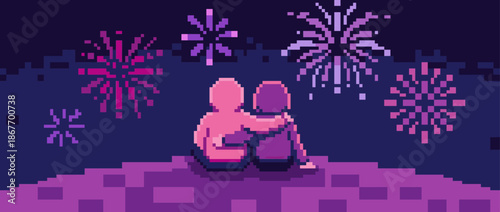 Pixel art couple sitting together embracing while watching a beautiful fireworks display in a romantic night scene, representing love and celebration in a retro 8-bit style