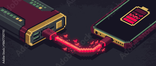 Pixelated power bank charging a mobile phone with glowing red energy horses flowing through the USB cable, an isometric 8-bit illustration representing horsepower and electricity