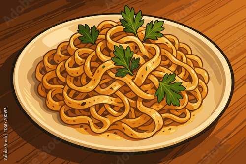 Gourmet Pasta Delight. Gourmet plate of creamy pasta garnished vector illustration with fresh parsley, sharp textures and inviting