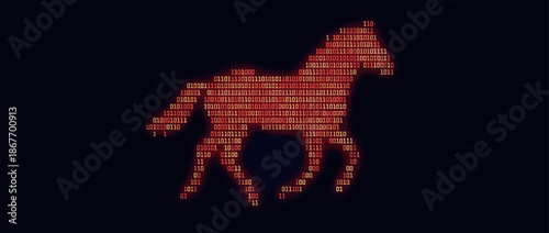 Trojan horse silhouette made of glowing red binary code represents a computer virus, malware, and cybersecurity threat in a digital concept illustration