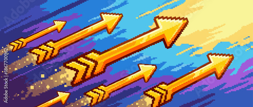 Golden pixel art arrows flying upwards in a dynamic retro video game style illustration representing growth, success, and progress toward a goal in a colorful digital environment