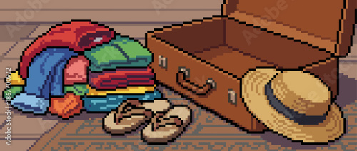 Pixel art illustration of an open suitcase with a pile of folded clothes, sandals, and a straw hat ready for a summer vacation trip, presented in a retro 8-bit video game style