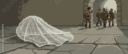 Pixel art soldiers in vintage military uniforms stand on patrol inside a stone fortress, with a discarded parachute lying on the paved ground in a retro 8-bit video game aesthetic