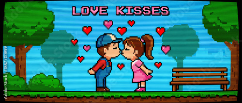 Pixelated characters of a young boy and girl sharing a romantic kiss in a colorful 8-bit video game with floating hearts and a scanline CRT screen effect