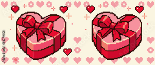 Two pink heart-shaped gift boxes with large red ribbons and bows in a romantic pixel art style, creating a festive pattern for a Valentine's Day or anniversary celebration