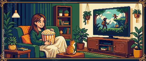 Pixel art illustration of a woman relaxing on a couch with her cat, eating popcorn while watching an adventure movie on television in a cozy living room