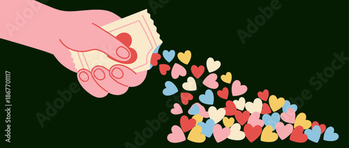 Hand holding a ticket pouring out a stream of colorful hearts in a flat vector illustration symbolizing love, charity, and sharing positive emotions