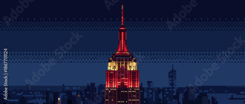 Pixel art illustration of a famous skyscraper illuminated with red and yellow lights against a dark blue night cityscape in a retro 8-bit video game style