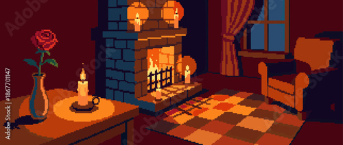 Cozy pixel art living room interior with a burning fireplace, romantic candlelight, and a single red rose in a vase creating a warm, nostalgic, and peaceful atmosphere