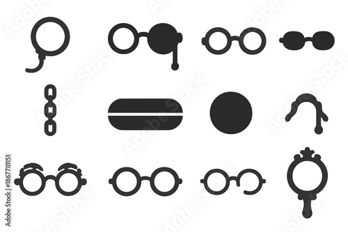 Antique Vision Aids. Solid style icons of Antique Vision Aids: Monocle, Lorgnette, Folding Spectacles, Rimless Glasses, Chain,