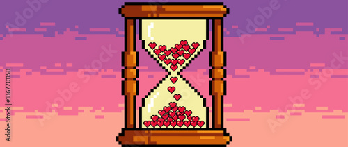 Pixel art hourglass with red hearts falling like sand measures the passage of time, a romantic concept illustrated in a nostalgic 8-bit video game aesthetic
