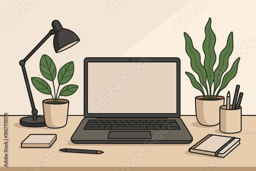 Sleek Office Workspace. Modern office desk setup vector illustration with a sleek laptop, potted plants, and stationery, soft