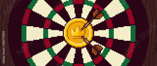 Pixel art dartboard with two darts hitting the golden bullseye coin with a crown symbol, representing success, accuracy, and winning in a retro video game aesthetic