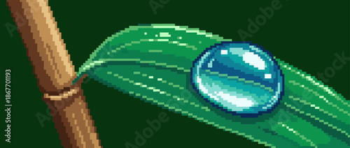 Pixel art illustration of a shiny water droplet resting on a vibrant green bamboo leaf in a serene, natural setting with a macro perspective