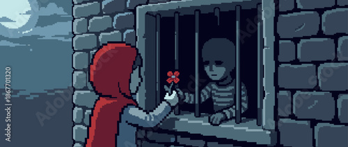 Pixel art character in a red hood gives a flower to a sad prisoner behind bars in a stone dungeon window during a moody, moonlit night scene with a retro video game aesthetic