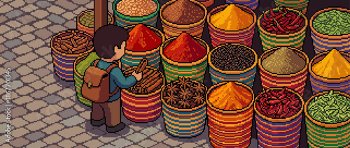Pixel art illustration of a person with a backpack shopping for aromatic spices at a vibrant outdoor bazaar filled with colorful baskets in an isometric perspective