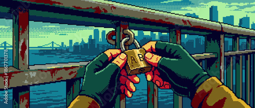 Bloody gloved hands hold a brass padlock on a metal bridge railing in a dark, moody pixel art style with a cityscape and river view