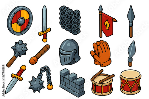 Medieval Armory Icons. Isometric vector illustration set Sword & Shield: round shield with boss, knight’s longsword, interlinked