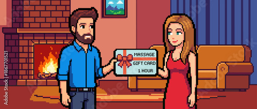 Pixel art man giving a massage gift card to a woman in a cozy living room with a fireplace, a romantic and thoughtful present for a special holiday or anniversary