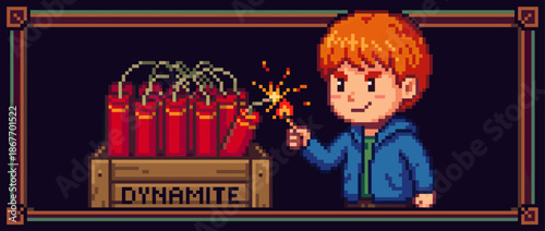 Pixel art illustration of a mischievous red-haired boy in a blue jacket lighting the fuse on a wooden crate full of red dynamite sticks with a sparking match