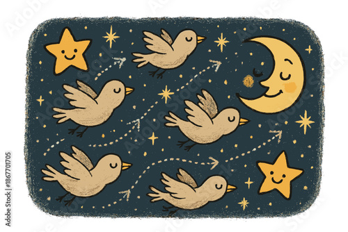 Joyful Night Bird Migration. Whimsical doodle nocturnal bird migration with smiling birds flying under cartoon stars, cheerful